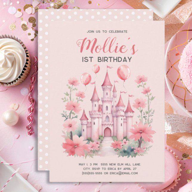 Invitation 1er anniversaire Pink Princess Castle Balloons (Cute pink princess castle little girl's 1st birthday party invitation)