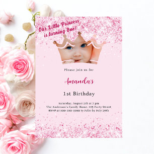 Invitation 1er anniversaire Princesse photo couronne rose