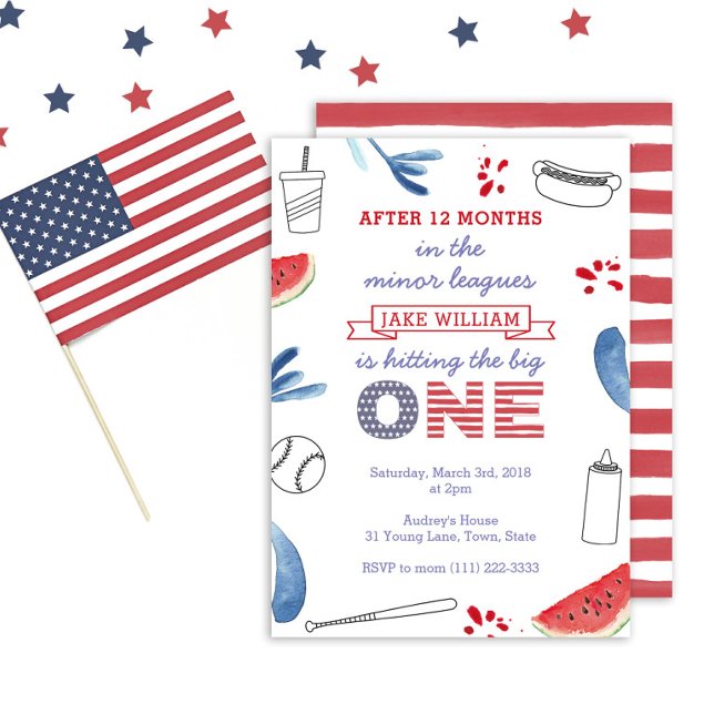 Invitation 1er anniversaire Red White Blue Baseball Party (Patriotic Baseball theme 1st birthday invitation)