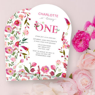 Invitation 1er Anniversaire Rose Floral Aquarelle Tourne un