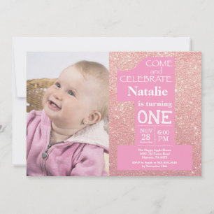 Invitation 1er anniversaire Rose Parties scintillant or et ph