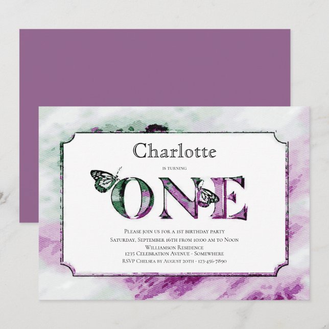 Invitation 1er anniversaire Rustic Purple Green Party (Devant / Derrière)