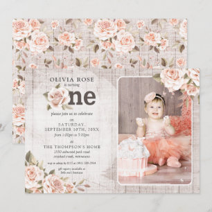 Invitation 1er anniversaire Rustic Wood Shabby Chic Roses Pho