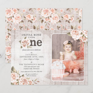 Invitation 1er anniversaire Rustic Wood Shabby Chic Roses Pho
