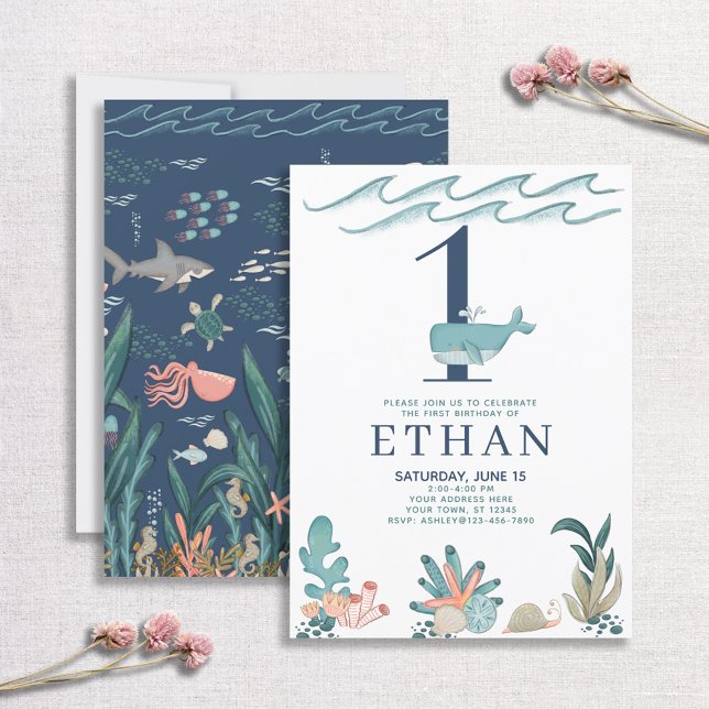 Invitation 1er anniversaire sous la mer Aquarelle baleine (Créateur téléchargé)
