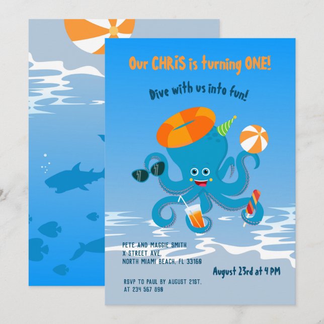 Invitation 1er anniversaire sous la mer poulpe garçon fête (Devant / Derrière)