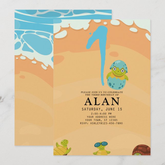 Invitation 1er anniversaire sous la mer Watercolor TURTLE (Devant / Derrière)