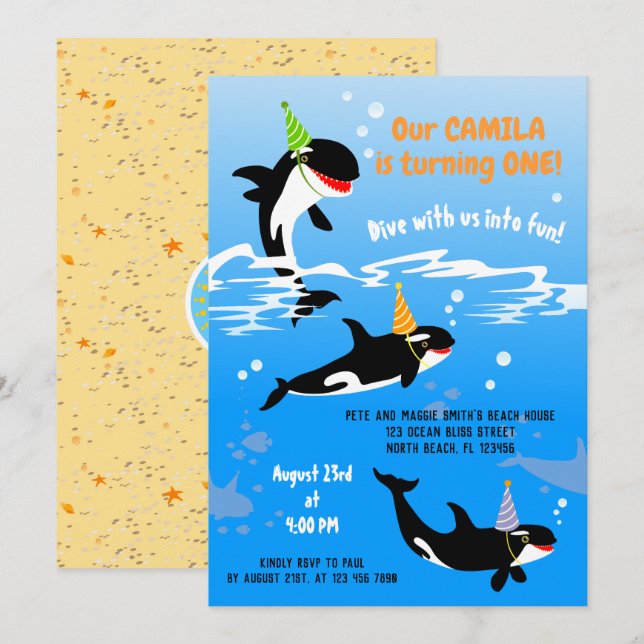 Invitation 1er anniversaire sous l'océan orque baleine bébé f (Devant / Derrière)
