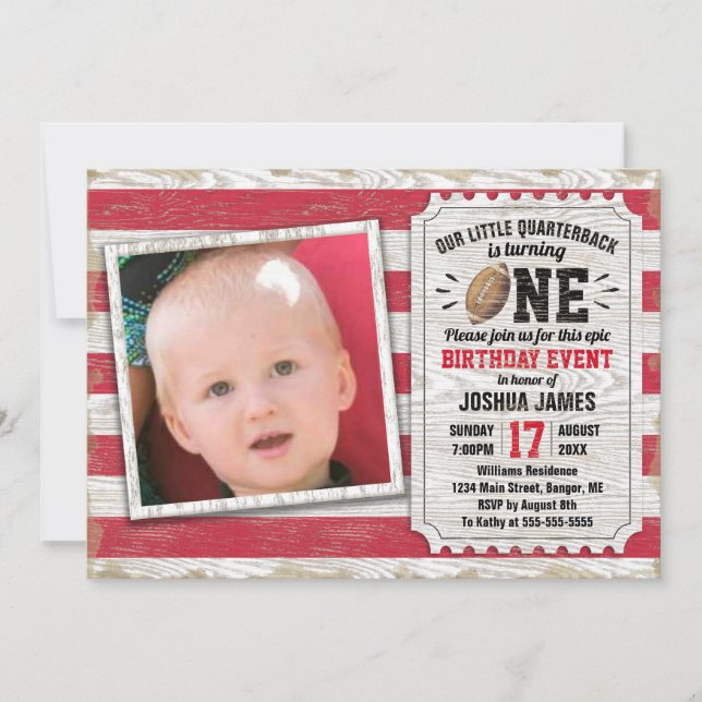 Invitation 1er Anniversaire Sports Football Rustique Red Phot (Devant)