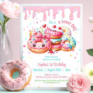 Invitation 1er Anniversaire Sweet One mignonne Donut Rose Gir