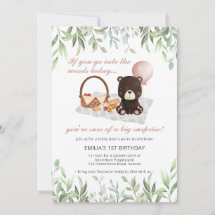 Invitation 1er anniversaire Teddy Bear Pique-nique Pink Green