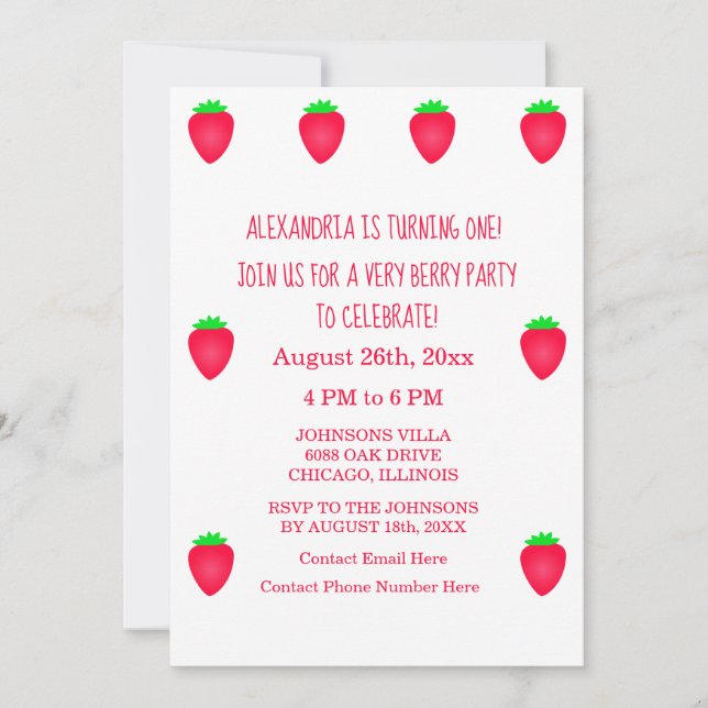Invitation 1er Anniversaire Très Berry mignonne Fille Fraise (Devant)