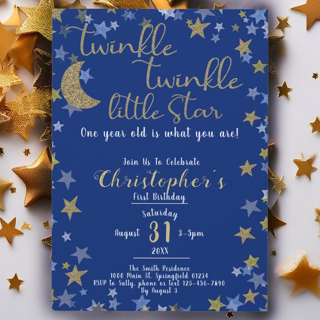 Invitation 1er anniversaire Twinkle Little Star Gold Boy (Créateur téléchargé)