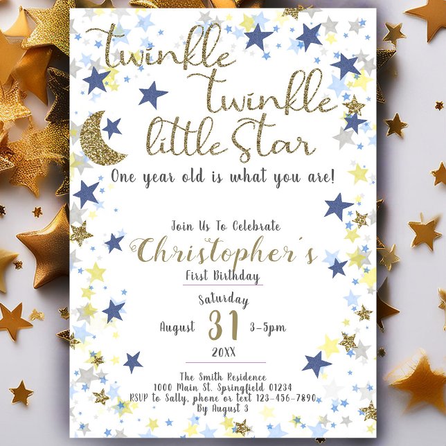 Invitation 1er anniversaire Twinkle Little Star Gold Boy (Créateur téléchargé)