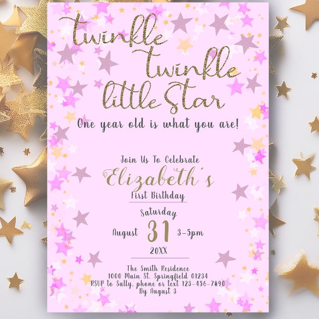 Invitation 1er anniversaire Twinkle Little Star Rose Girl (Créateur téléchargé)