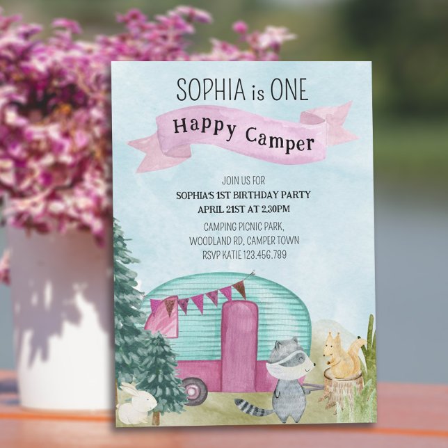Invitation 1er Anniversaire Un Joyeux Camper Camper Woodland  (Créateur téléchargé)