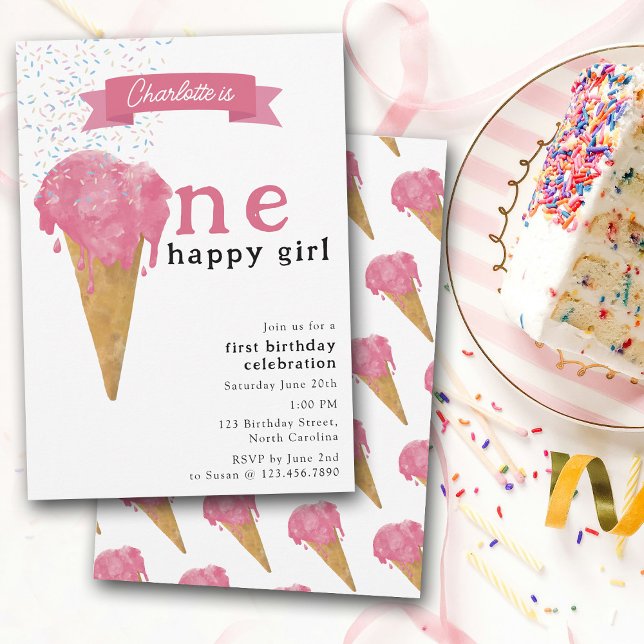 Invitation 1er Anniversaire Un Joyeux Fille Crème de glace ro (1st First Birthday One Happy Girl Pink Ice Cream Invitation)