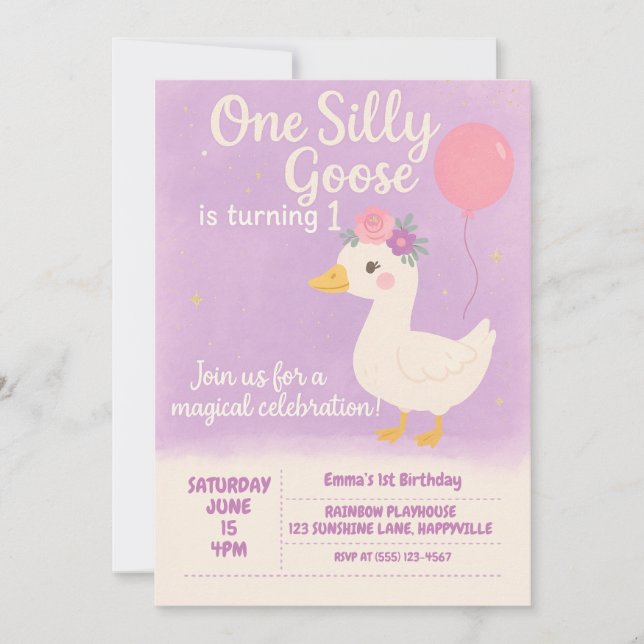 Invitation 1er anniversaire violet - Une oie sotte (Devant)