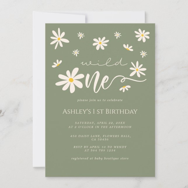 Invitation 1er anniversaire Wild One Daisy Boho Green (Devant)