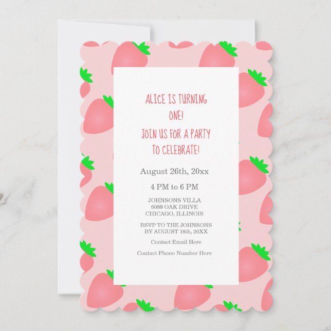 Invitation 1er été Anniversaire fraise bébé fille (Devant)