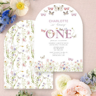 Invitation 1er Fleur sauvage Anniversaire tourne un papillon