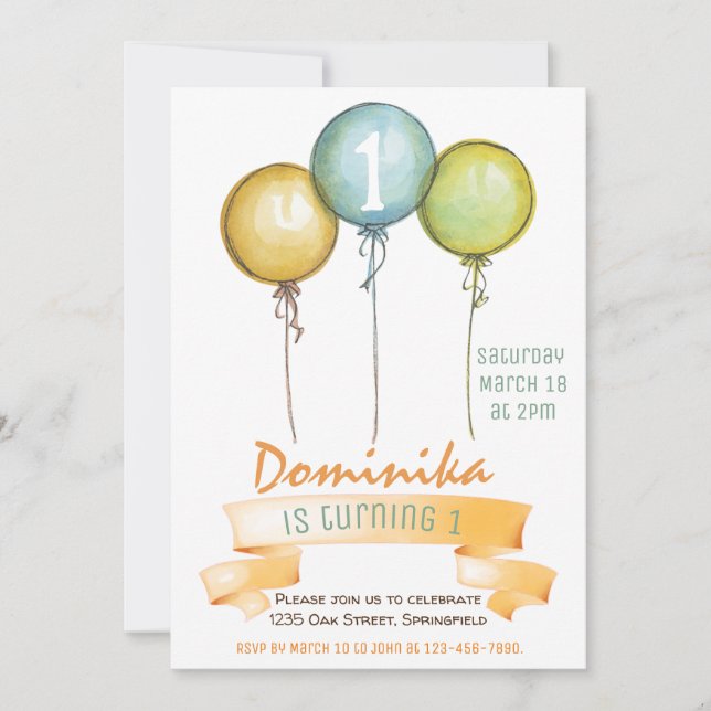 Invitation 1ère anniversaire fille invitation, fête d'anniver (Devant)