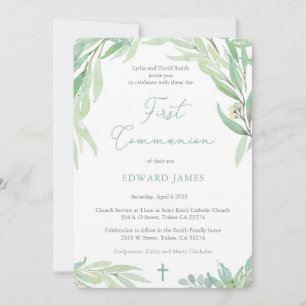 Invitation 1ère communion pour garçon avec Feuilles de printe