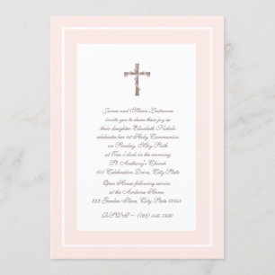 Invitation 1ère communion rose pâle et Brown