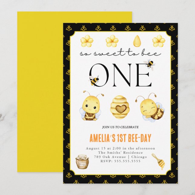 Invitation 1ère fête d'abeilles, fête d'anniversaire d'abeill (Devant / Derrière)