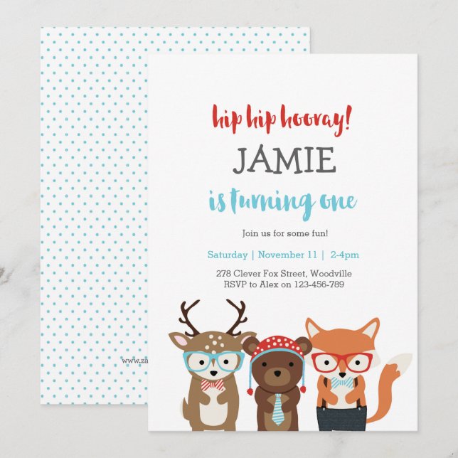 Invitation 1ère fête d'anniversaire | Animaux Fun Woodland (Devant / Derrière)