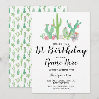 Invitation 1ère fête d'anniversaire aquarelle Cactus Cactus U