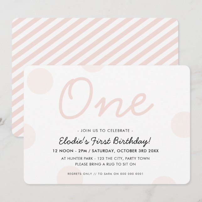 Invitation 1ère FÊTE D'ANNIVERSAIRE bébé rose fille UN pois (Devant / Derrière)