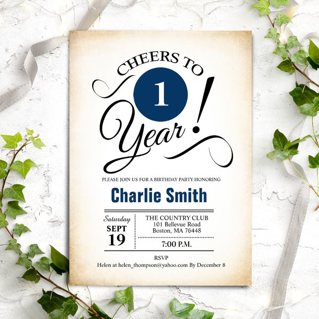 Invitation 1ère fête d'anniversaire - bleu marine noir blanc (Créateur téléchargé)