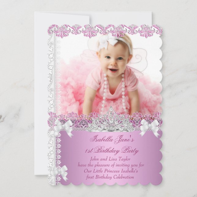 Invitation 1ère fête d'anniversaire fille princesse rose phot (Devant)