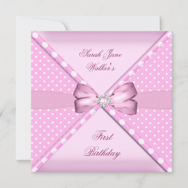 Invitation 1ère fête d'anniversaire fille rose blanc Polka po (Devant)