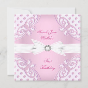 Invitation 1ère fête d'anniversaire fille rose blanc Polka po