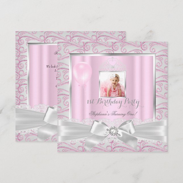 Invitation 1ère fête d'anniversaire filles Diamants roses Tia (Devant / Derrière)