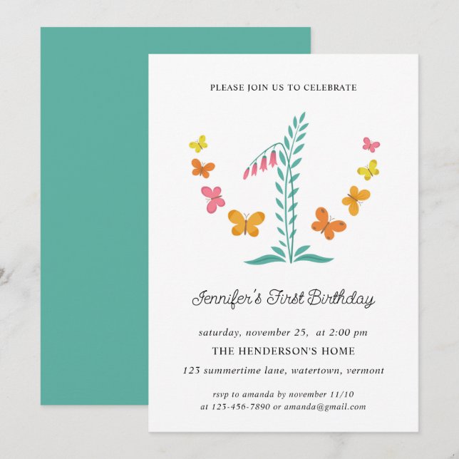 Invitation 1ère fête d'anniversaire Floral Botanical Butterfl (Devant / Derrière)