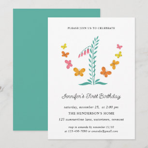 Invitation 1ère fête d'anniversaire Floral Botanical Butterfl