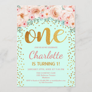 Invitation 1ère fête d'anniversaire - Mint Green Gold Pink