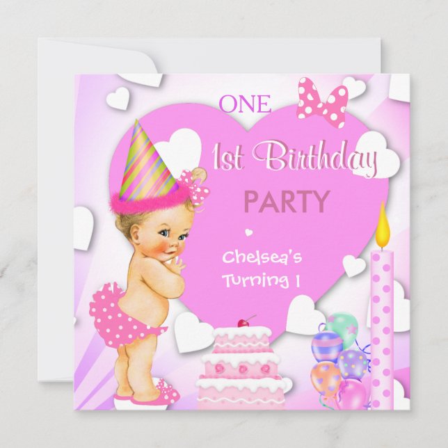 Invitation 1ère fête d'anniversaire Pink Blonde Baby Girl (Devant)