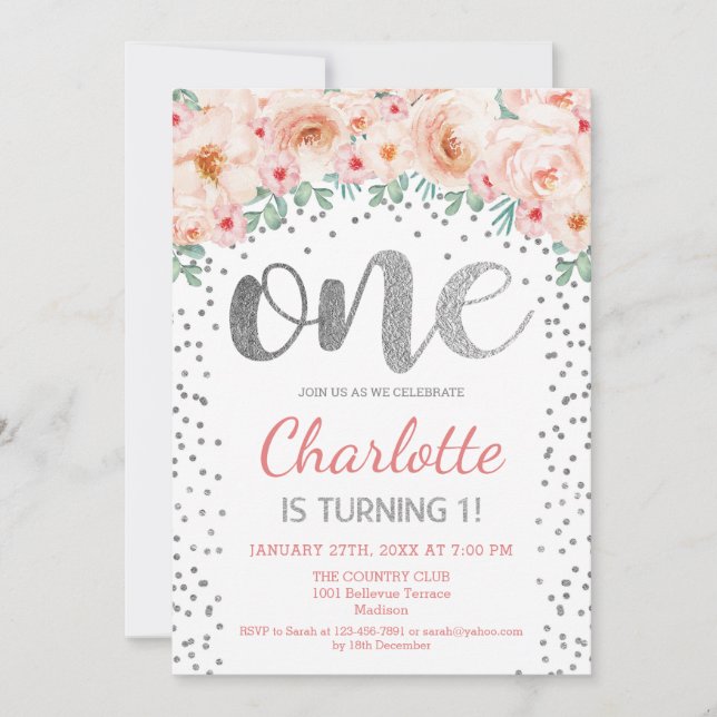 Invitation 1ère fête d'anniversaire - Rose argenté blanc (Devant)