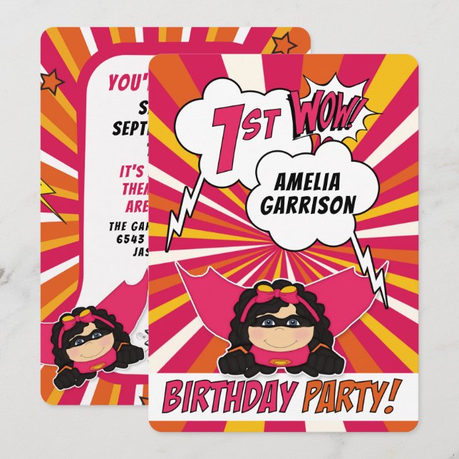 Invitation 1ère fête d'anniversaire Superhero Pink Comic pour (Devant / Derrière)
