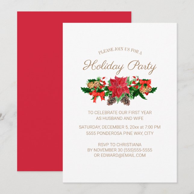 Invitation 1ère Fête de Noël Mariée Rouge Poinsettia (Devant / Derrière)