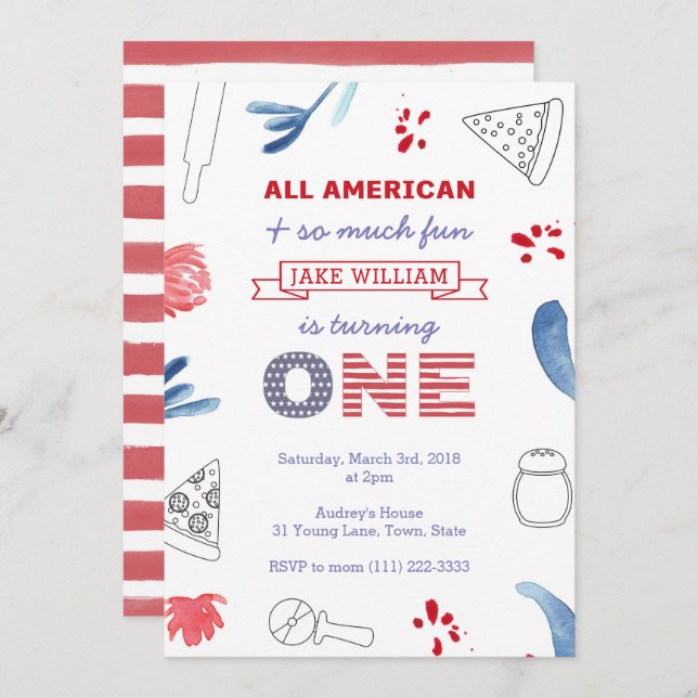 Invitation 1ère fête de pizza d'anniversaire pour garçon ou f (Devant / Derrière)