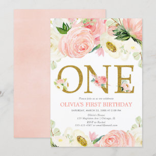 Invitation 1ère fille d'anniversaire, blush rose or floral él