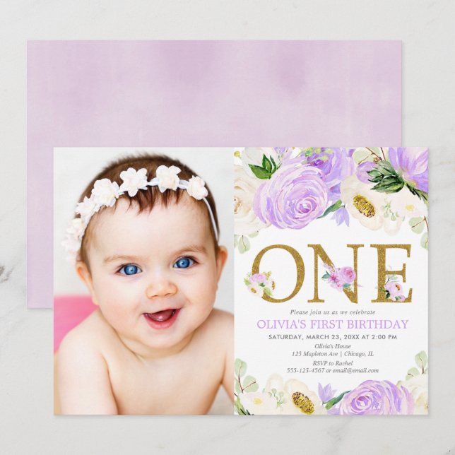 Invitation 1ère fille d'anniversaire, photo florale d'or viol (Devant / Derrière)
