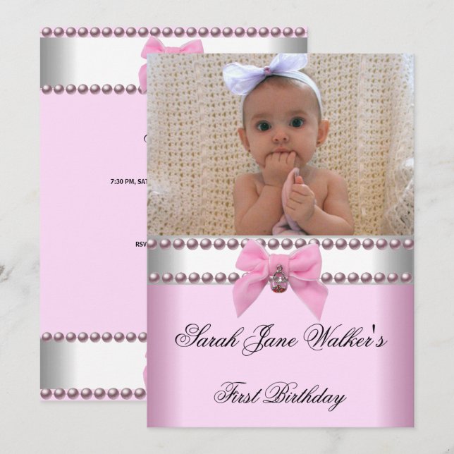 Invitation 1ère photo d'anniversaire de la fille rose perle b (Devant / Derrière)
