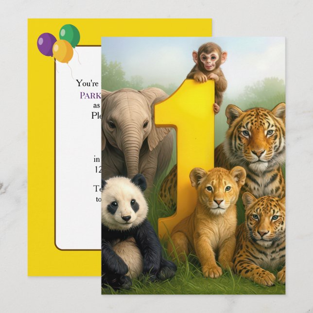 Invitation 1st Birthday Party Wildlife Animal Babies (Devant / Derrière)