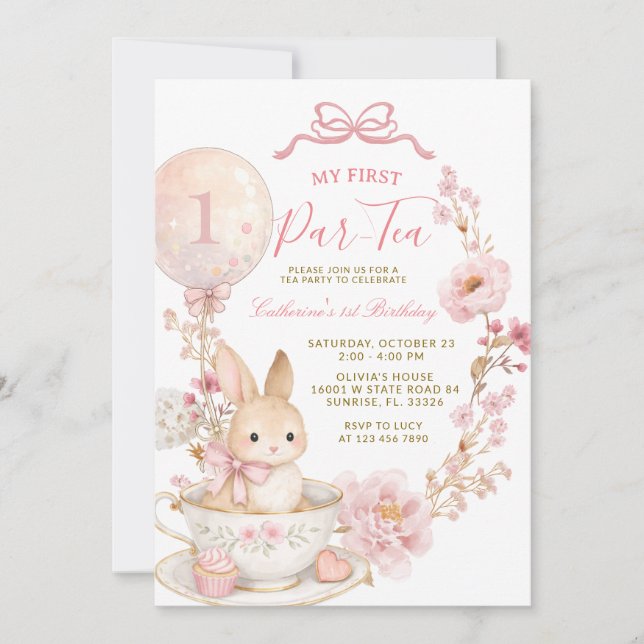 Invitation 1st Par-Tea Bunny First Birthday Party Girl  (Devant)